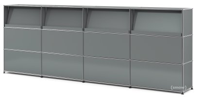 USM Haller Theke Typ 2 (mit Schrägtablaren), Mittelgrau RAL 7005, 300 cm (4 Elemente), 35 cm