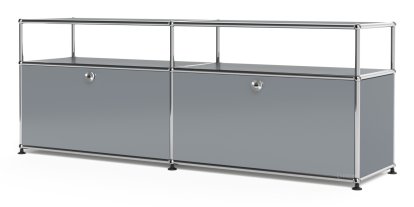 USM Haller Lowboard L mit Aufbau, individualisierbar, Mittelgrau RAL 7005, Mit 2 Klappen, Ohne Kabeldurchlass