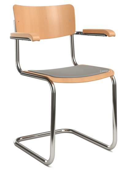 S 43 F Klassik Freischwinger, Gestell verchromt, Buche gebeizt, Buche, klar lackiert, Sitzauflage hellgrau meliert, gepolstert, Kunststoffgleiter schwarz mit Filz