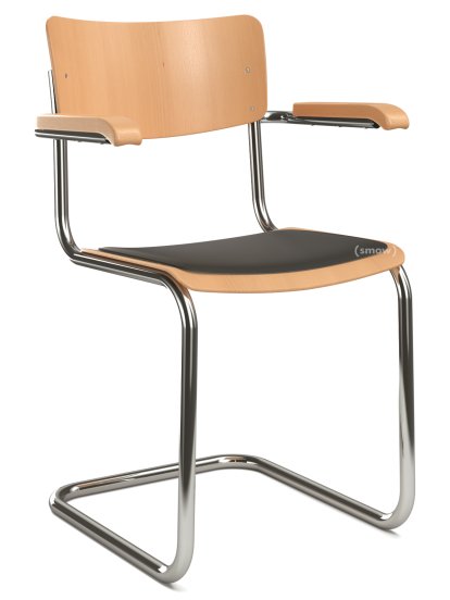 S 43 F Klassik Freischwinger, Gestell verchromt, Buche gebeizt, Buche, klar lackiert, Sitzauflage schwarz, gepolstert, Ohne Gleiter