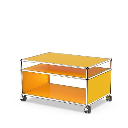 USM Haller Beistelltisch mit Aufsatz und Rollen, Goldgelb RAL 1004, Hart für Teppichboden