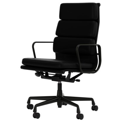Soft Pad Chair EA 219, Aluminium tiefschwarz pulverbeschichtet, Leder Premium F nero, Plano nero, Hart für Teppichboden