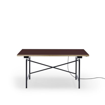 Eiermann 1 E Tisch (Elektrische Höhenverstellung), Linoleum burgunderrot (Forbo 4154) mit Eichekante, 140 x 80 cm, Schwarz, Ohne Kabelkanal