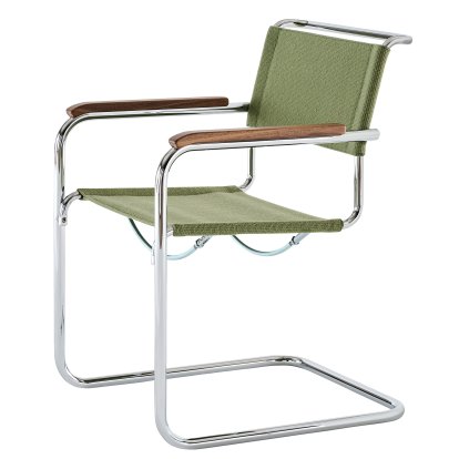 S 33 / S 34 V Soft Freischwinger, mit Armlehnen Nussbaum geölt, Verchromt, Stoff Nobel 68303 - grün, Kunststoffgleiter schwarz mit Filz