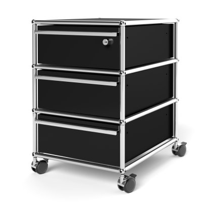 USM Haller Rollcontainer mit 3 Schubladen Typ 1 (mit Gegengewicht), Oberste Schublade mit Schloss, Graphitschwarz RAL 9011