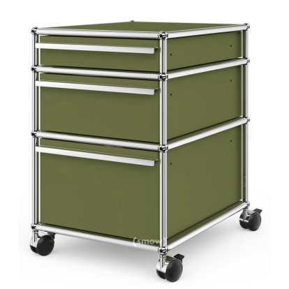 USM Haller Rollcontainer mit 3 Schubladen Typ 2 (mit Gegengewicht), Kein Schloss, Olivgrün RAL 6003